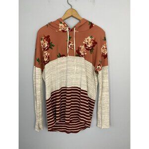 Truself Hooded Long Sleeve T-Shirt Women's XL Colorblock Striped Floral Top Boho